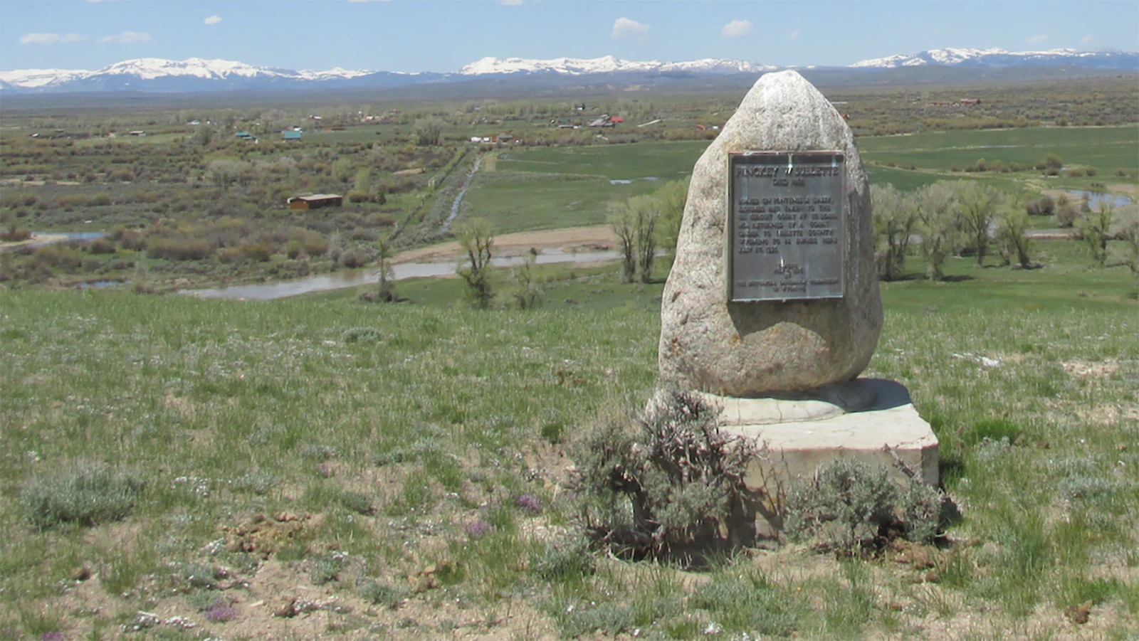 In 1935, bones alleged to be Pinckney Sublette's were reburied overlooking the rendezvous grounds of mountain men near Daniel, Wyoming, after sitting in a Missouri courthouse closet. Whether those bones are actually his remains a mystery. Above is the memorial for Pinckney Sublette erected in 1936 that overlooks the mountain man rendezvous area.