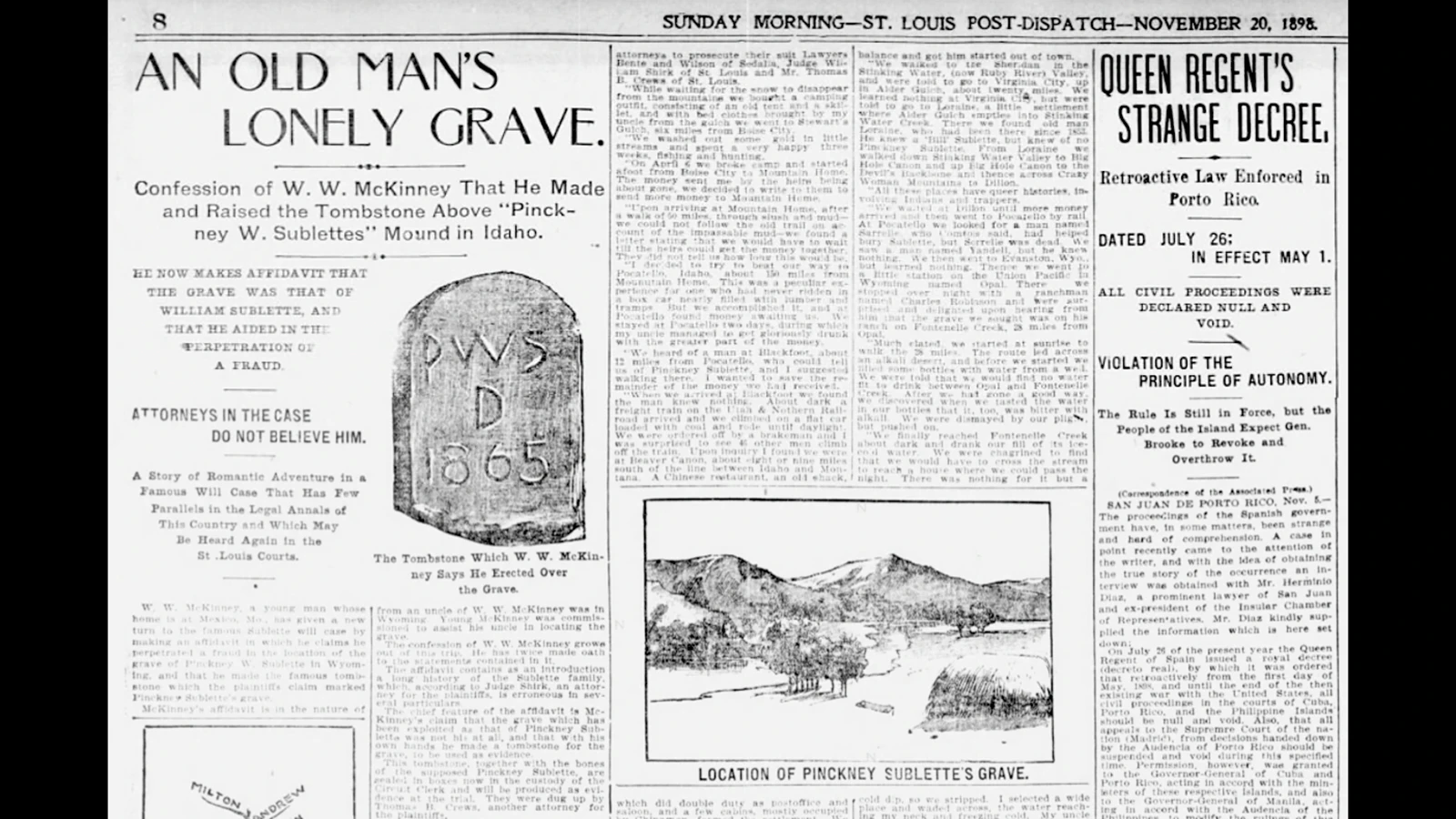 The young heir to Pinckney Sublette, W.W. McKinney, told the newspaper that he fabricated the tombstone that had the initials of Pinckney Sublette’s name.