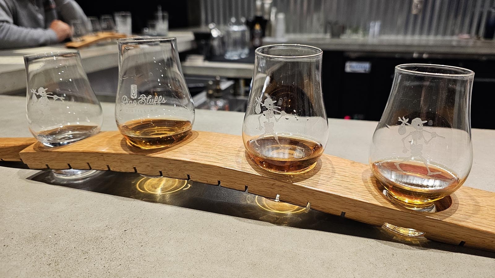 Whiskey flights are also available at Pine Bluffs Distillery. Each of the whiskeys does taste quite different, but with pleasing notes of sweet heat and spice.