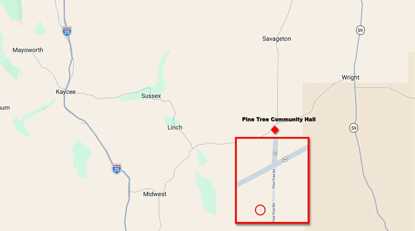 Location of the rural Pine Tree Community Hall in southern Campbell County near the intersection of Highways 50 and 387.