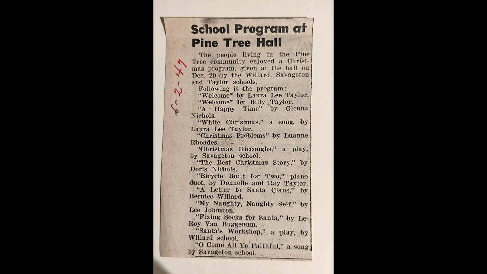 A Christmas program lineup from 1947 that was performed at the Pine Tree Community Hall.