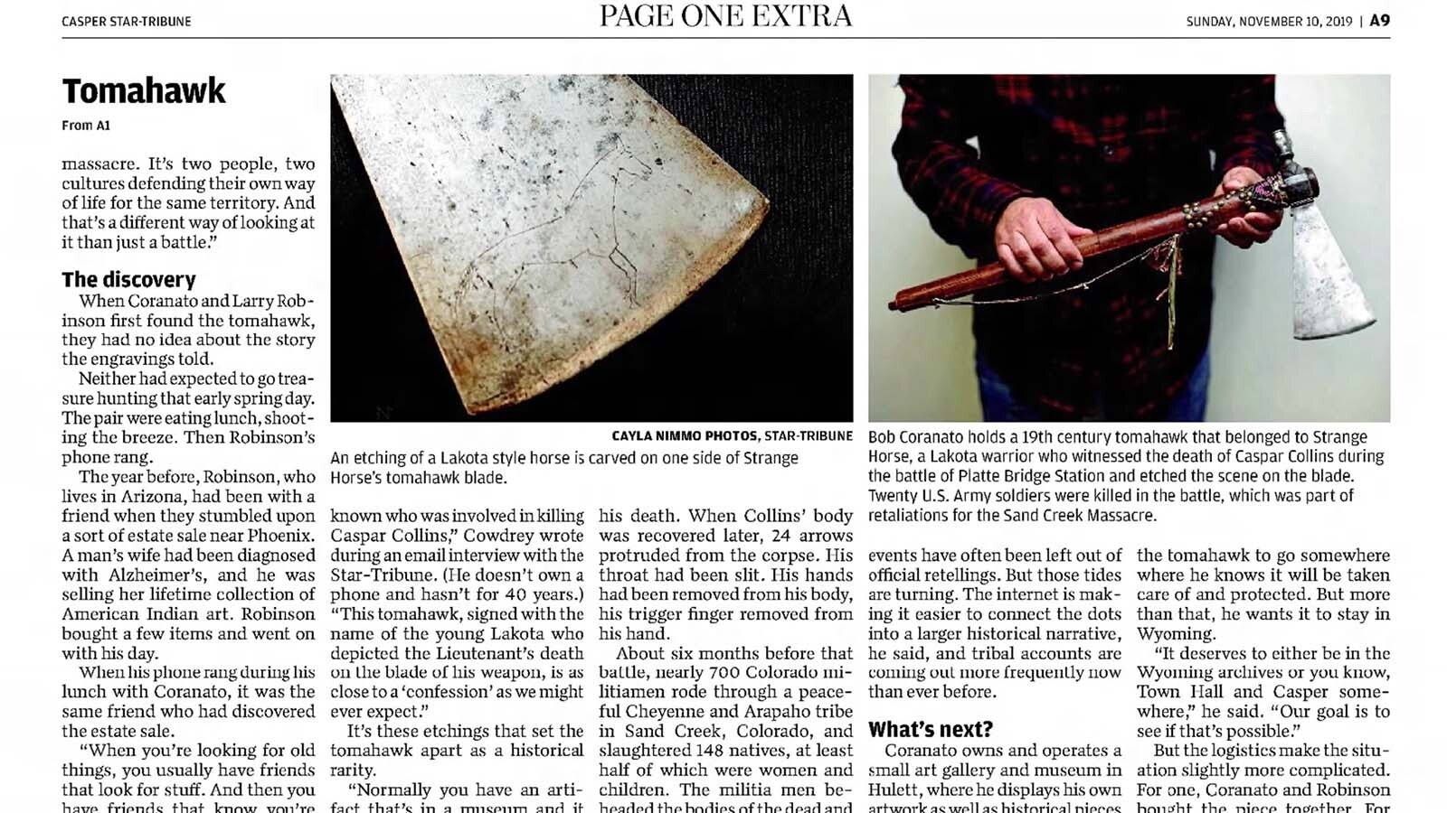The jump page of the Casper Star-Tribune article in 2019 contained additional photos of the peace-tomahawk that included a horse.