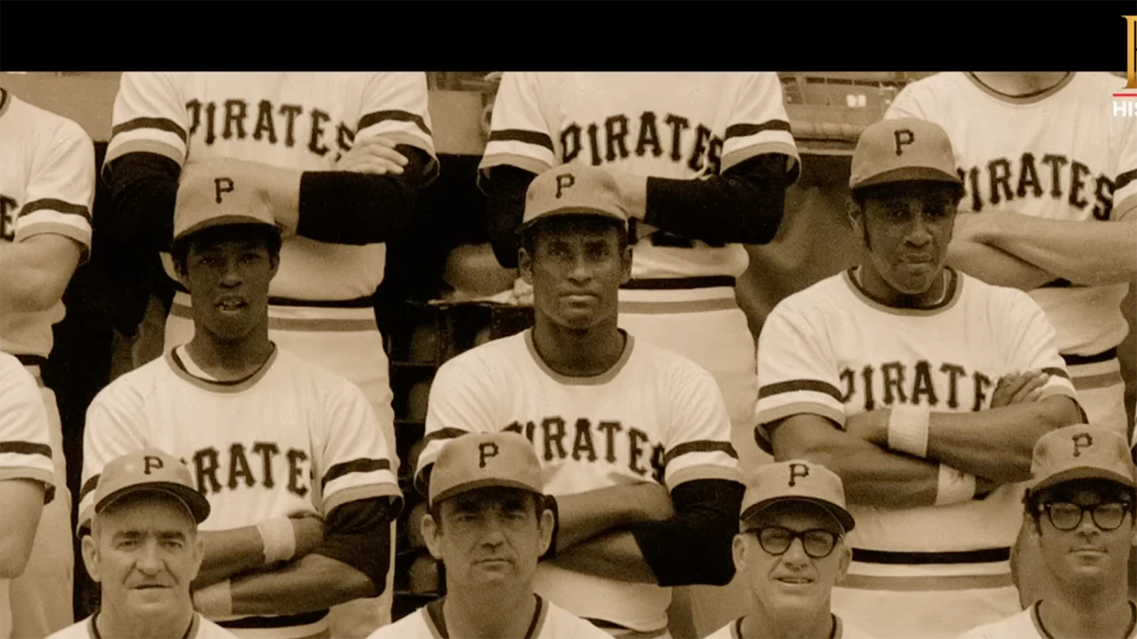 Robert Clemente, center, with other members of the Pittsburgh Pirates. He was part of two World Series championships.