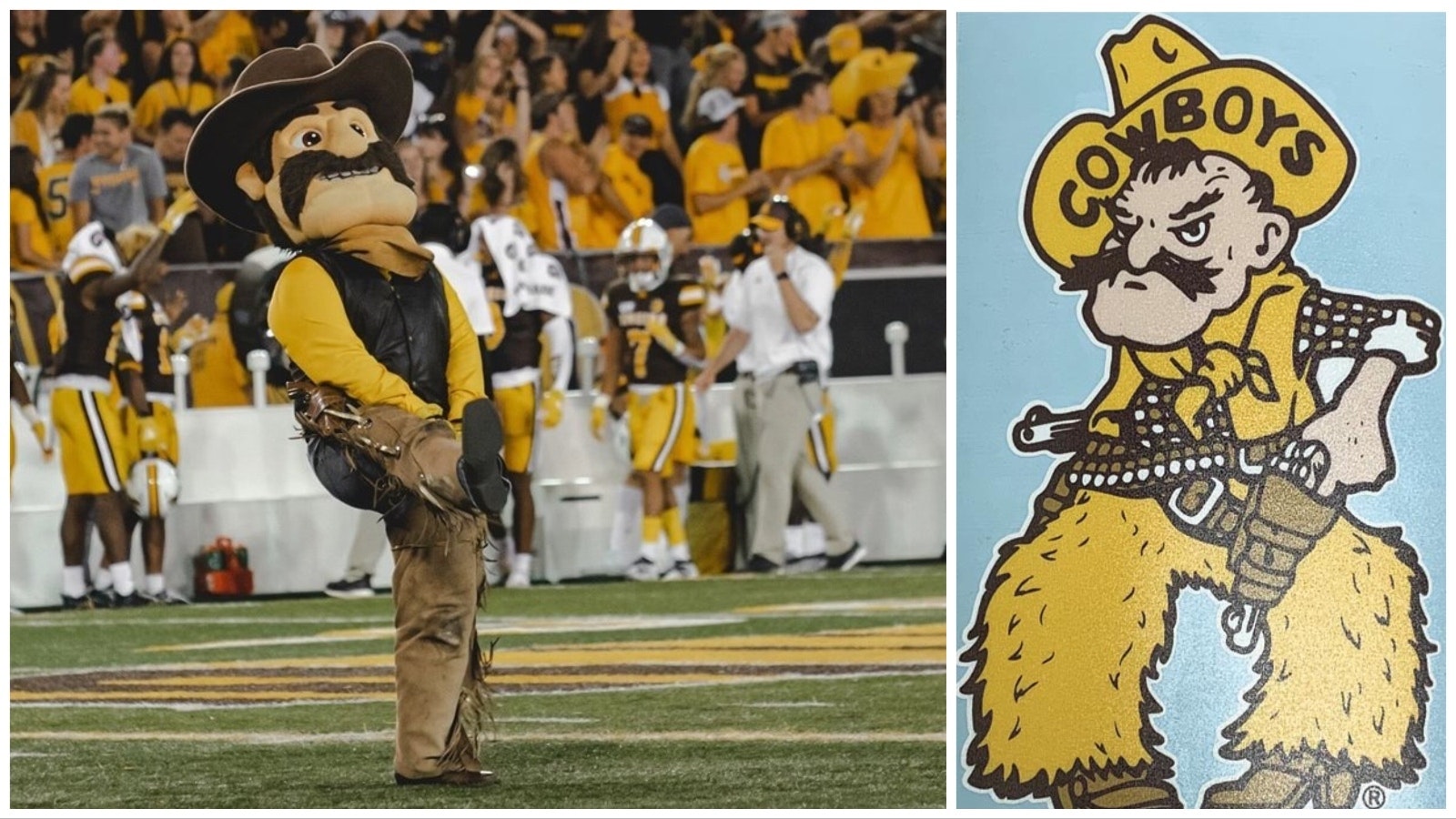 Pistol Pete performs at a football game, along with a tough-looking logo.