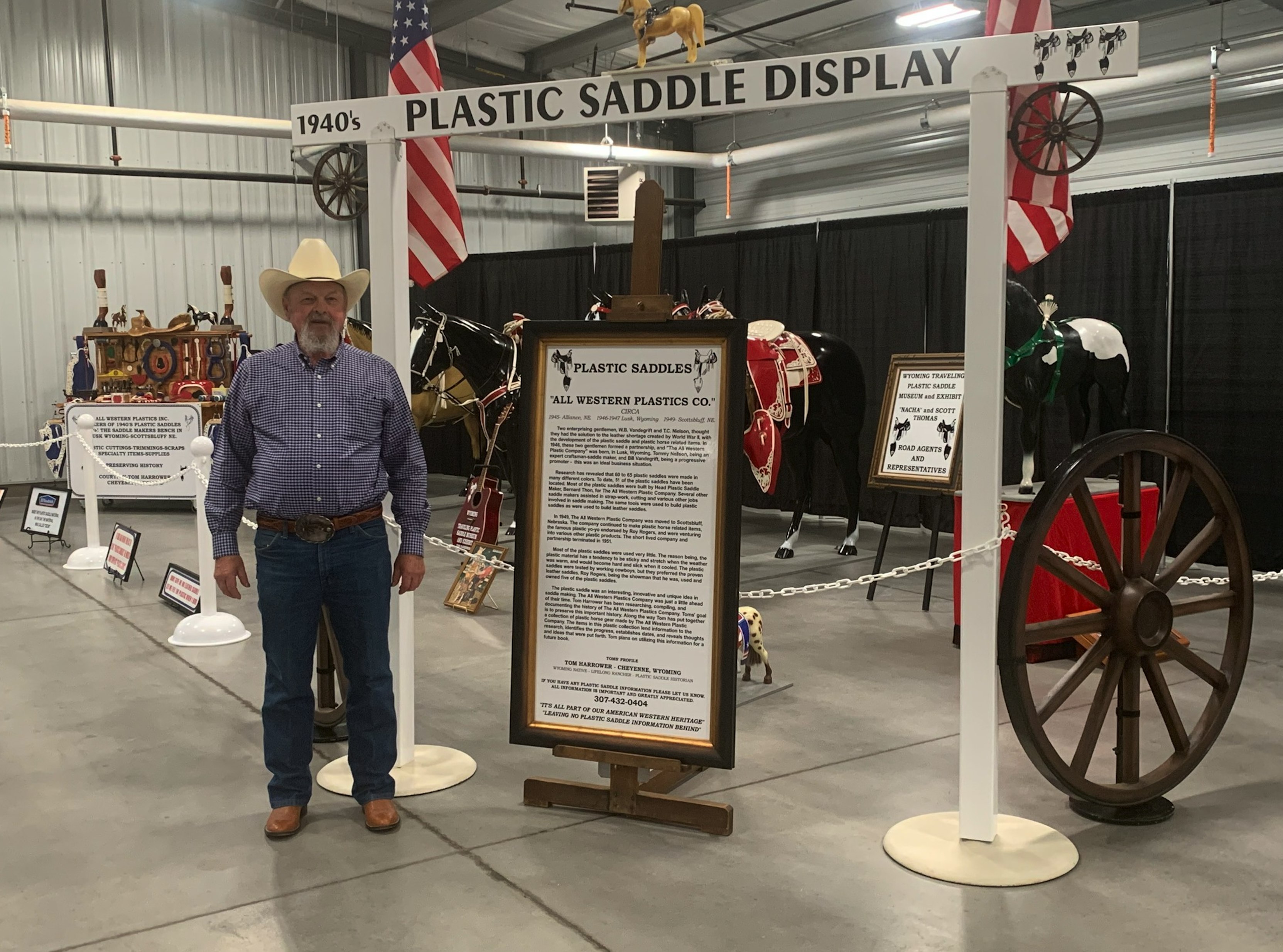 Tom Harrower displays his traveling exhibit featuring plastic saddles that were made in Lusk, Wyoming in the 1940s at the National Bits, Spurs, and Saddle Collector’s Association show.