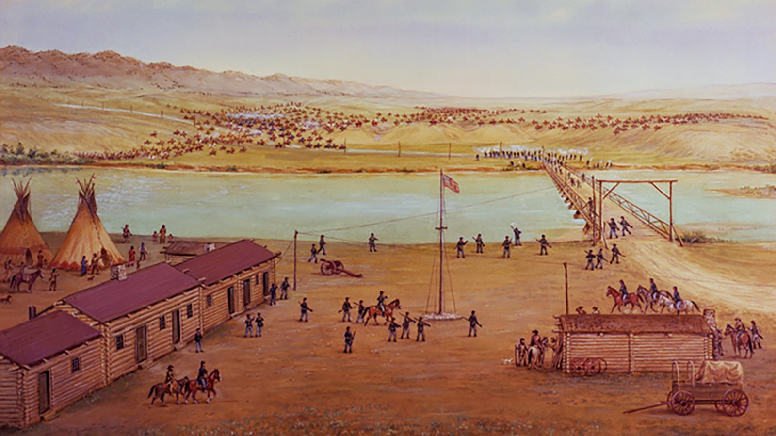 A depiction of the Battle of Platte Bridge Station.