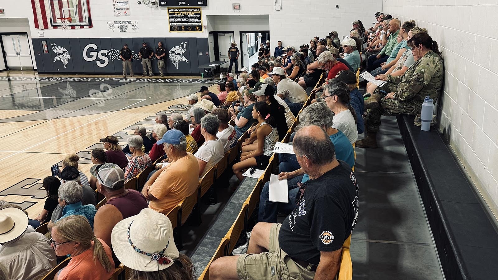 More than 200 people showed up at the Guernsey-Sunrise High School to hear Goshen and Platte County emergency officials update them on the latest with the Pleasant Valley Fire, which has burned more than 26,000 acres.