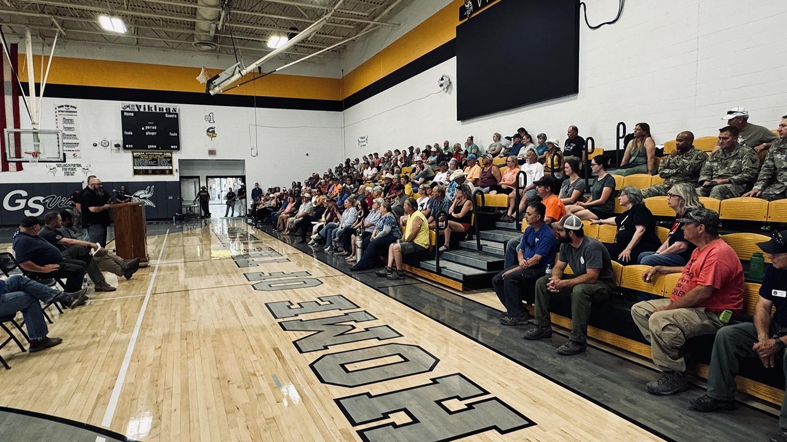 More than 200 people showed up at the Guernsey-Sunrise High School to hear Goshen and Platte County emergency officials update them on the latest with the Pleasant Valley Fire, which has burned more than 26,000 acres.