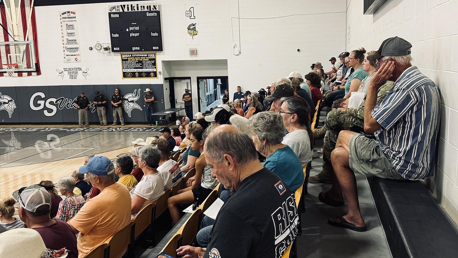 More than 200 people showed up at the Guernsey-Sunrise High School to hear Goshen and Platte County emergency officials update them on the latest with the Pleasant Valley Fire, which has burned more than 26,000 acres.