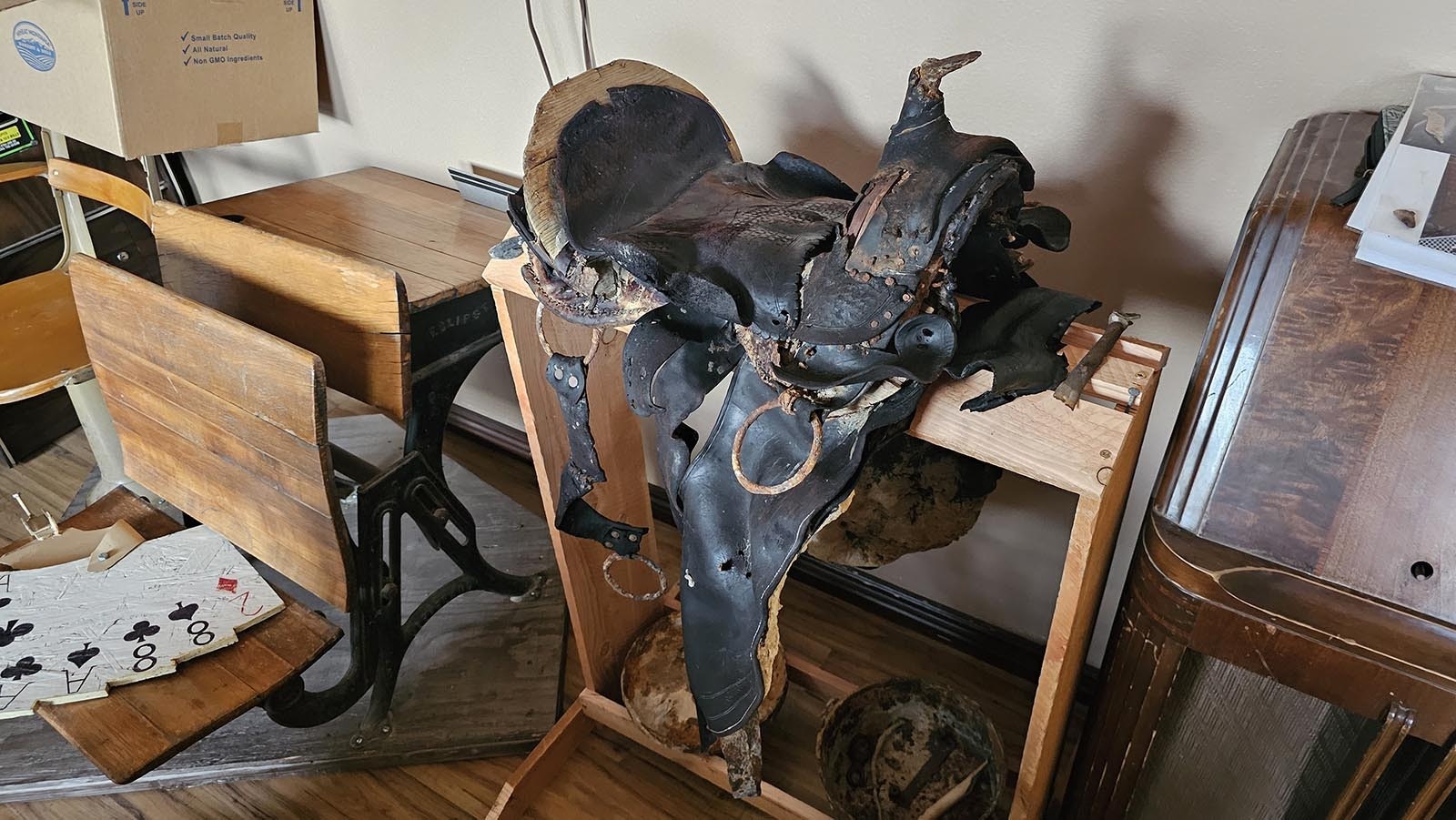 This saddle, made between 1880 to about 1910, was found in a cave near Adobe Town. It was made by Collins and Morrison, which once had a shop in Cheyenne and whose customers included the likes of Buffalo Bill Cody and Theodore Roosevelt.