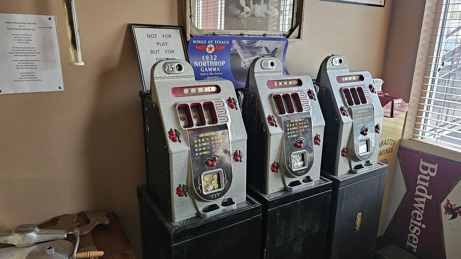 Old-time slot machines. The machines still work, but Wyoming required Valley to immobilize the handle, of these nickel and dime slot machines because gambling is illegal in Wyoming.