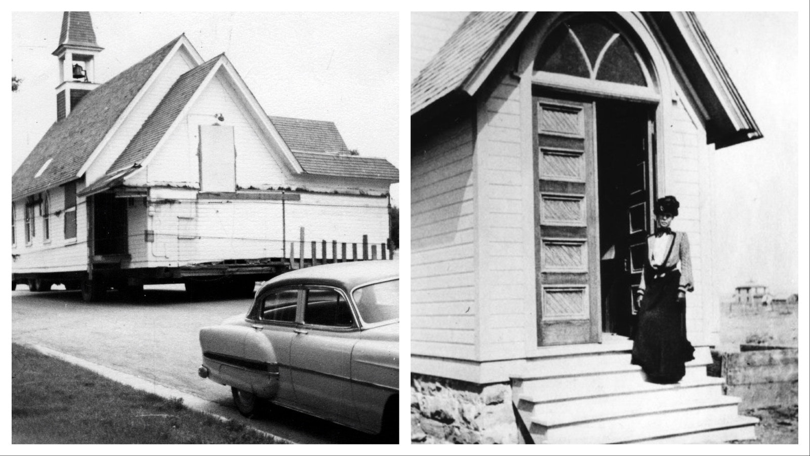 At left, the Poker Church is moved from is original location on Rumsey Avenue to Simpson Avenue next to Christ Episcopal Church. Right, Daisy Beck, whose husband George won the poker game which helped fund the church, is pictured on the front steps after it was built.