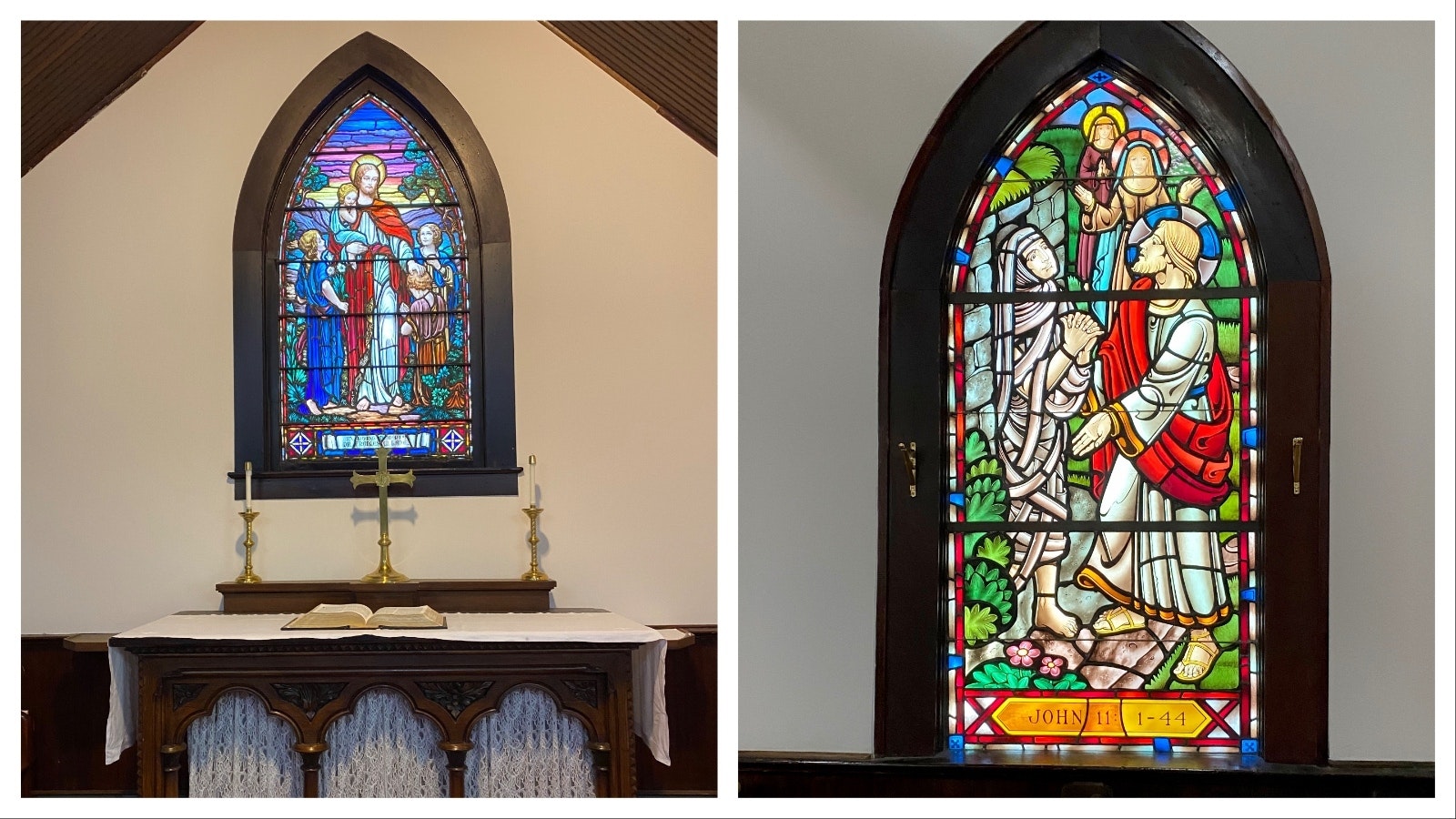 The stained glass window in front of the altar, left, is dedicated to Dr. Frances Lane and features Jesus and the little children. At right, a stained glass window depicts the resurrection of Lazarus.