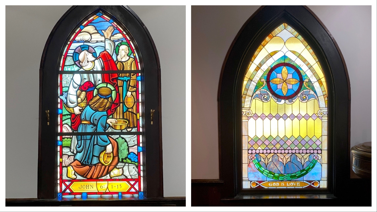 This stained glass window depicts Jesus feeding the 5,000, left. At right, the original stained glass above the altar was moved to a different part of the church.