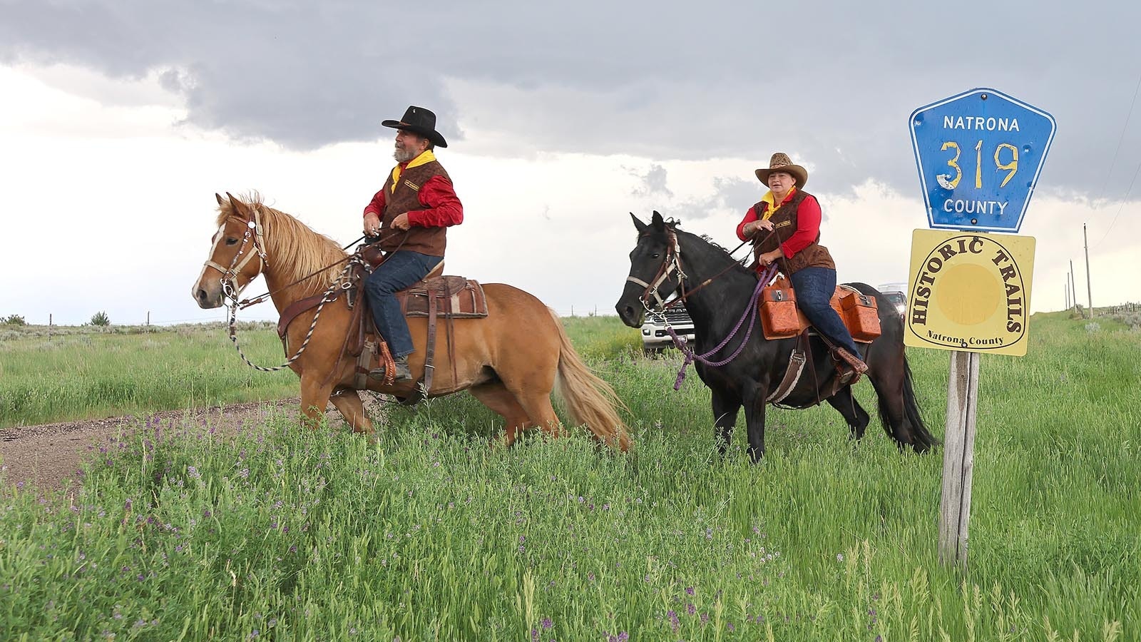 Riders from the Central Wyoming Division of the Wyoming Pony Express Association near the end of the segment of the route that follows Oregon Trail Road, near Poison Spider Road.