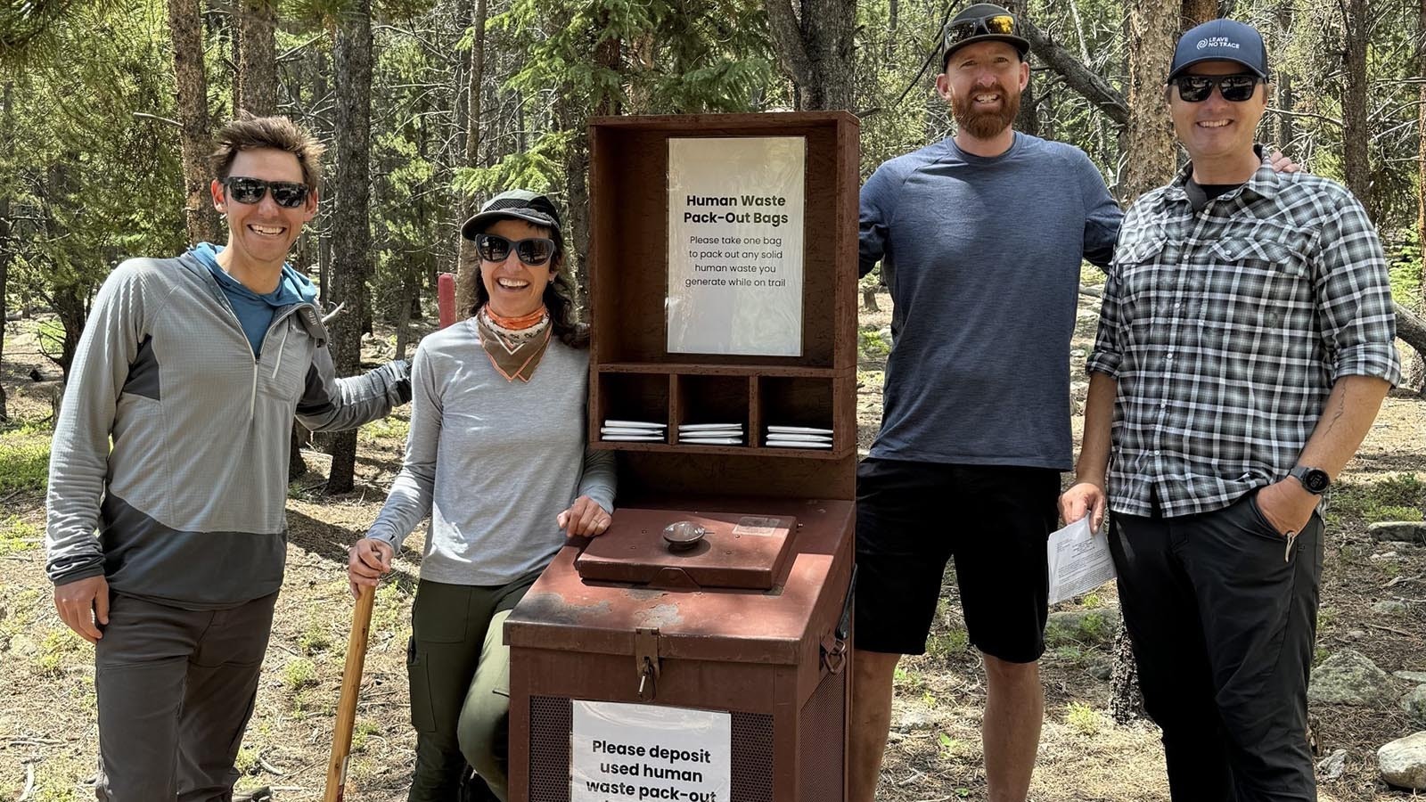 A station with bags for people to pick up and pack out their poo while hiking on Mount Elbert in Colorado, the second tallest peak in the Lower 48.