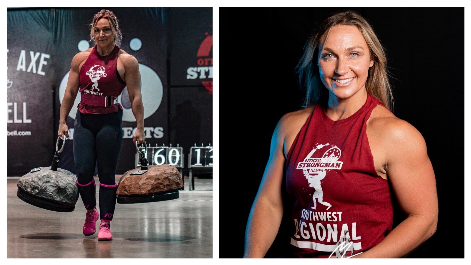 Left, during Nicol's stone walking carry at the official South West Regional Strongman Games, the uneven 'logs' hit Porshia Birdsley's legs, making the event even more difficult.