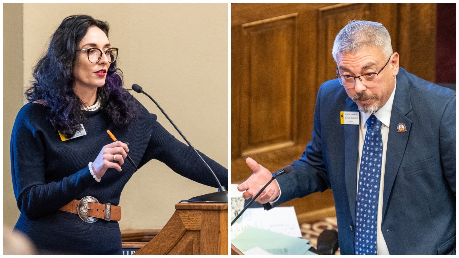 State Rep. Karlee Provenza, D-Laramie, left, and Rep. Anthony Bouchard, R-Cheyenne.