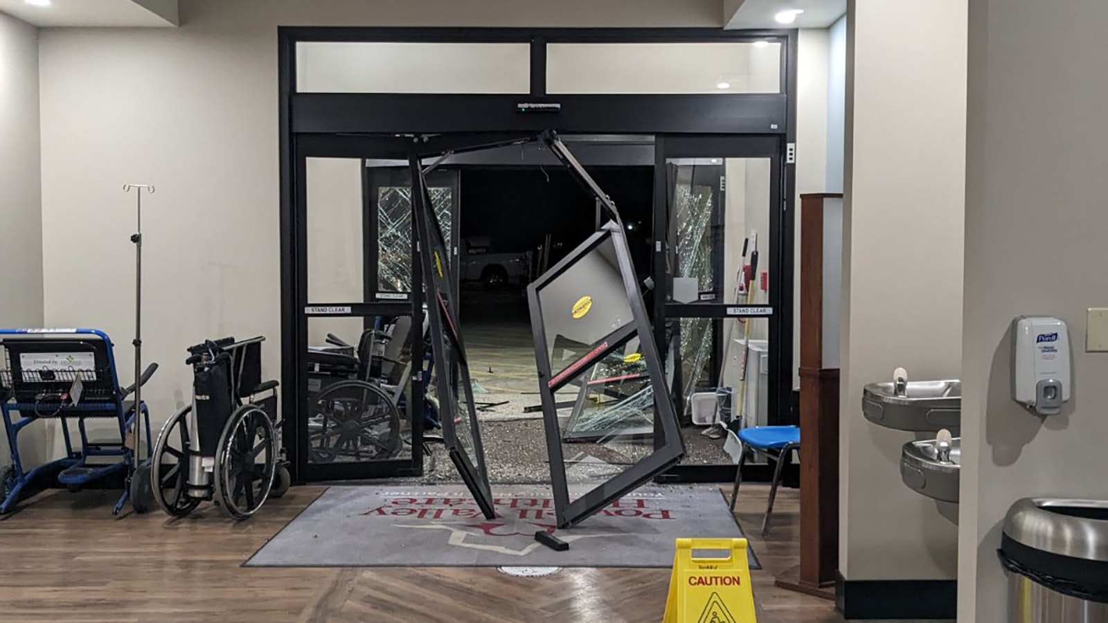 The doors of the emergency room at Powell Valley Healthcare after a car drove through them in the early morning of Jan. 27, 2023.
