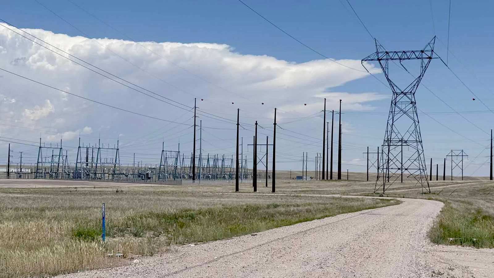 A power substation and transmission lines serving data centers in Laramie County, Wyoming.