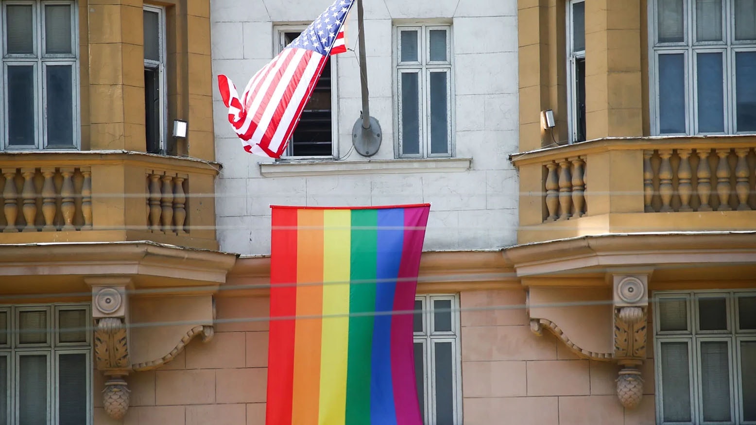 A gay pride flag is displayed outside the U.S. embassy in Moscow.