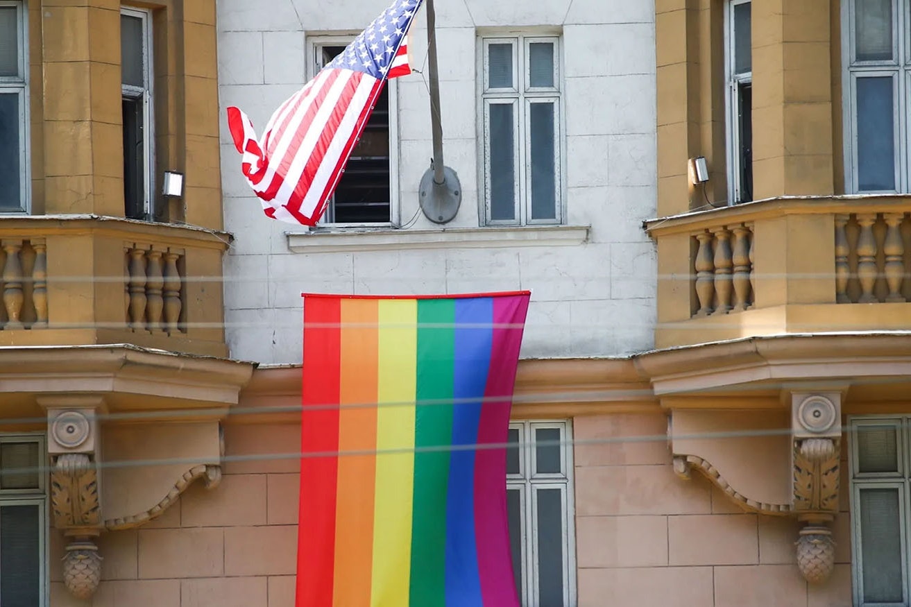 A gay pride flag is displayed outside the U.S. embassy in Moscow.