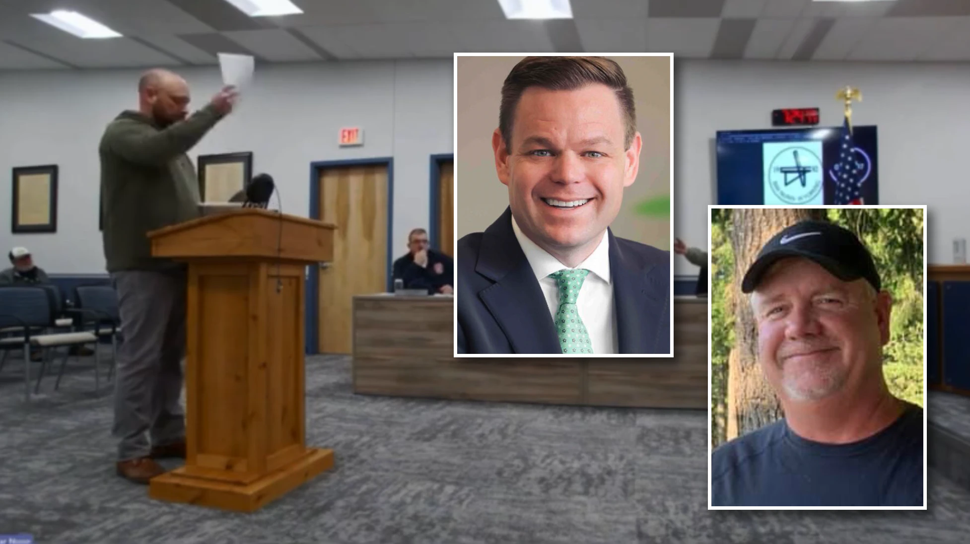 A process server at Tuesday's Bar Nunn Town Council meeting. U.S. House candidate Reid Rasner, top inset, is suing Councilman Dan Sabrosky, right, for defamation.