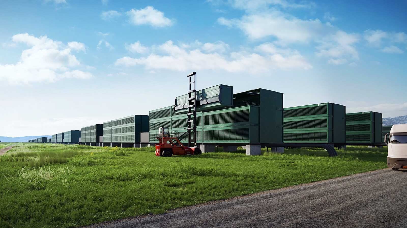 Artist’s rendering of the Project Bison direct air capture facility to be located near Sweetwater, Wyoming. A truck is shown delivering a container-sized direct-air capture module.