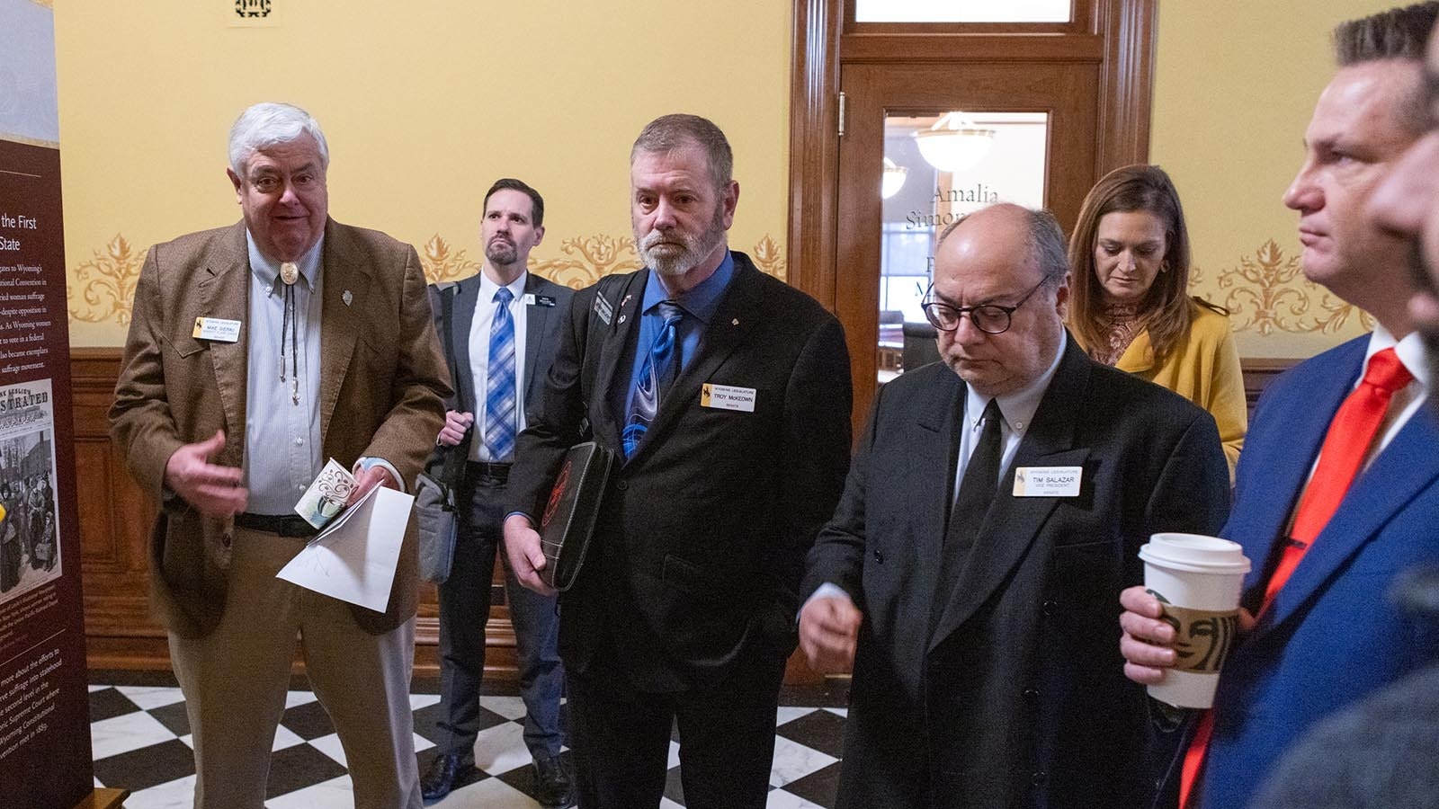 State Sens. Mike Gierau, from left, Troy McKeown and Tim Salazar after a deal on a proposed cut to property taxes in Wyoming was stalled in the Joint Conference Committee on Tuesday. The senators weren't happy, thinking they had a deal with the committee's three House members before it began.