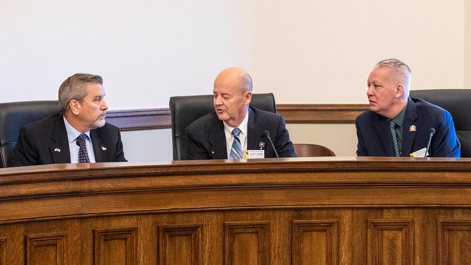 House members Tony Locke, R-Casper, from left, Scott Heiner, R-Green River, and Chris Knapp, R-Gillette, during Tuesday's Joint Conference Committee meeting Tuesday, Feb. 25, 2025, where a deal on property tax releif stalled.