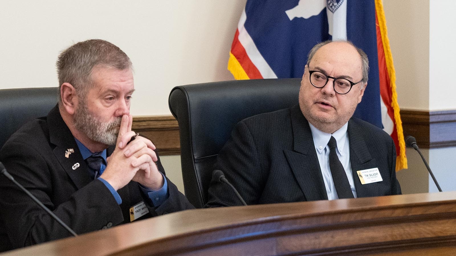 Sens. Troy McKeown, R-Gillette, left, and Time Salazar, R-Riverton, during Tuesday's Joint Conference Committee meeting Tuesday, Feb. 25, 2025, where a deal on property tax releif stalled.