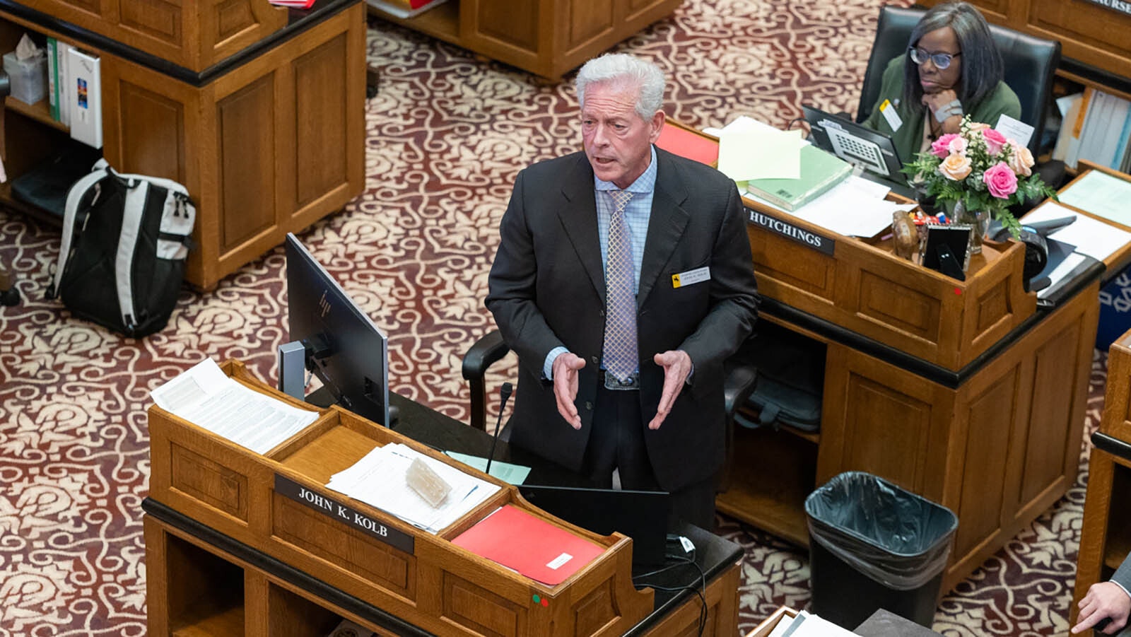 State Sen. John Kolb, R-Rock Springs, talks about property tax cuts on Tuesday, Feb. 4, 2025, at the Wyoming Capitol in Cheyenne.