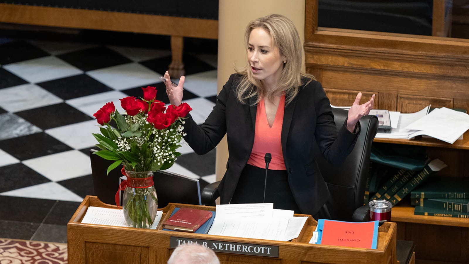 State Sen. Tara Nethercott, R-Cheyenne, talks about property tax cuts on Tuesday, Feb. 4, 2025, at the Wyoming Capitol in Cheyenne.