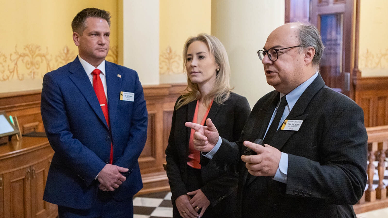 State Sens. Bo Biteman, from left, Tara Nethercott and Tim Salazar talk about property tax cuts on Tuesday, Feb. 4, 2025, at the Wyoming Capitol in Cheyenne.