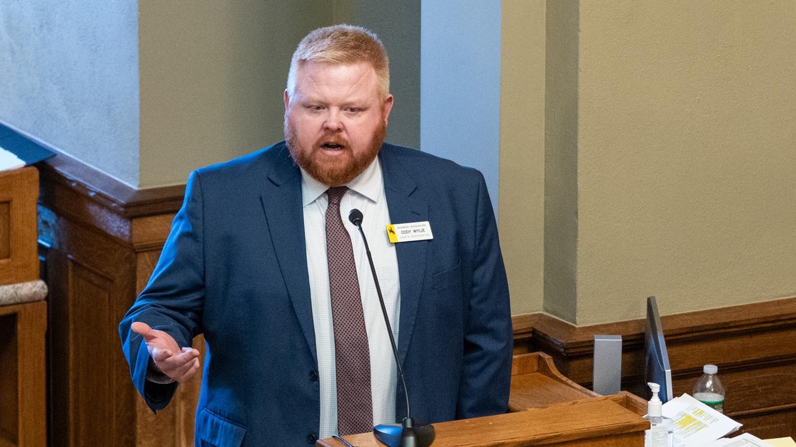 Rep. Cody Wylie, R-Rock Springs, makes an argument about a 50% property tax cut from the Wyoming House floor on Feb. 19, 2025.