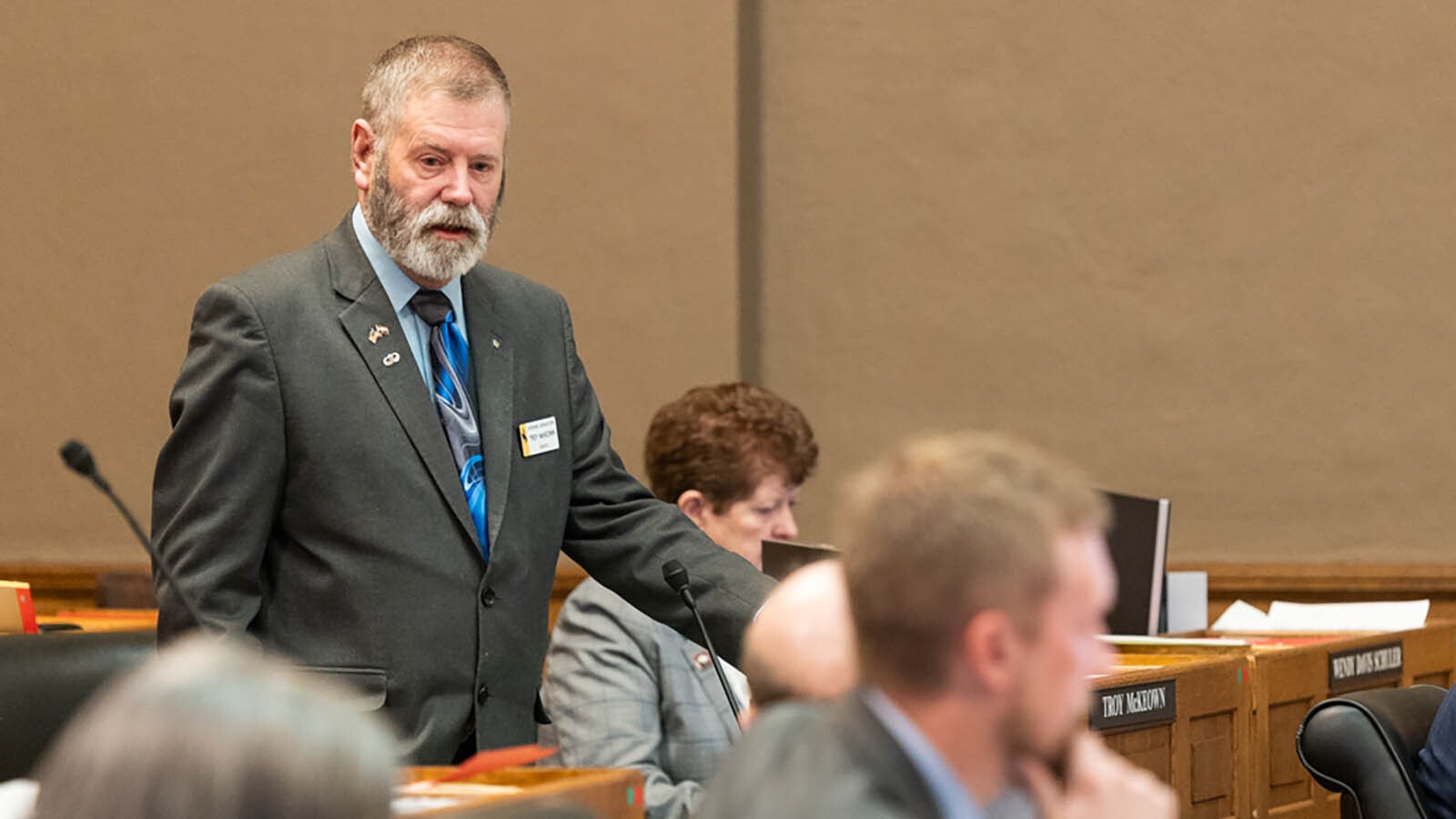 State Sen. Troy McKeown, R-Gillette, discusses a property tax relief bill on the Senate floor Friday.