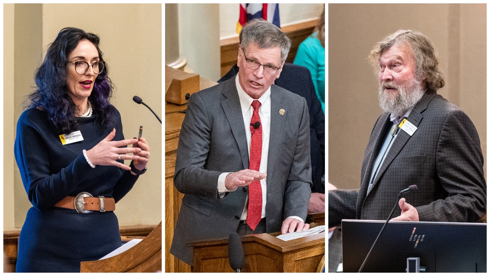 State Rep. Karlee Provenza, from left, Gov. Mark Gordon and Rep. Tim French.