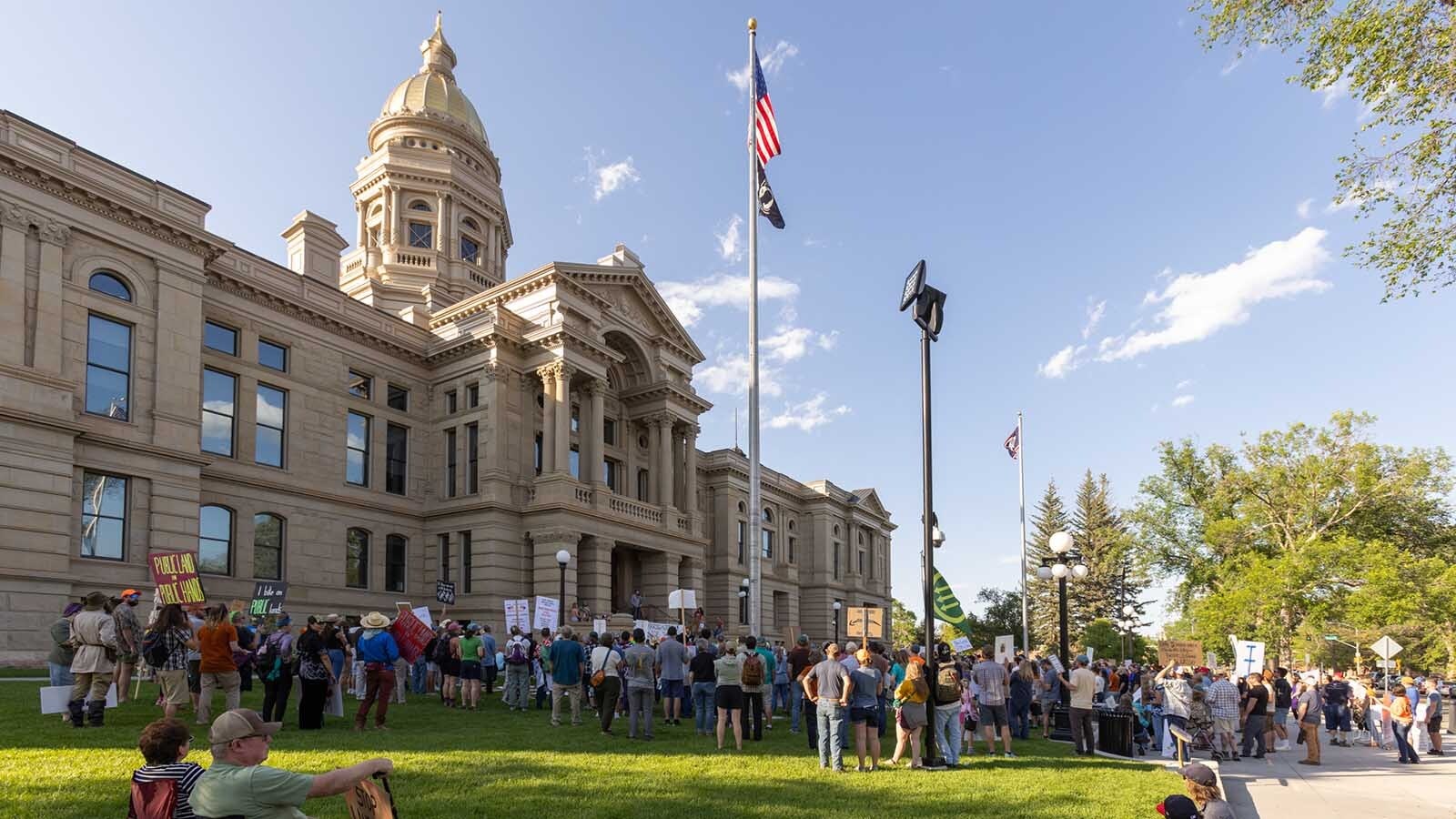 An estimated 300-400 people gathered at the Wyoming Capitol in Cheyenne on Thursday, June 26, 2025, to rally in opposition of U.S. Sen. Mike Lee's proposal to sell off parcels of federal public land.