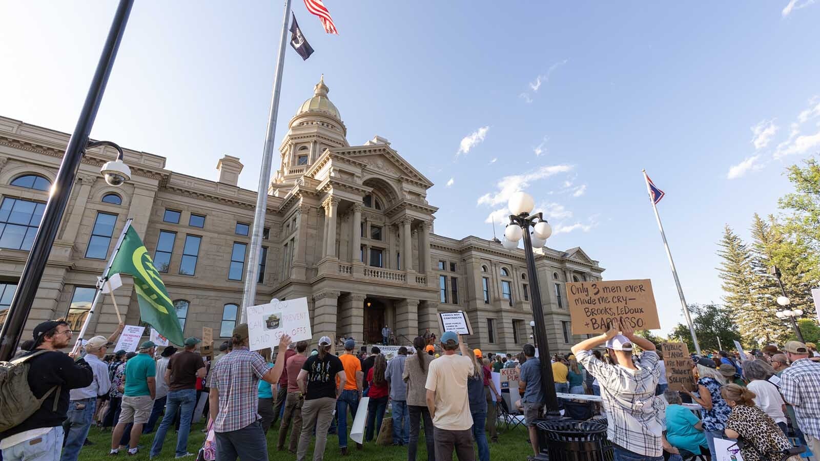 An estimated 300-400 people gathered at the Wyoming Capitol in Cheyenne on Thursday, June 26, 2025, to rally in opposition of U.S. Sen. Mike Lee's proposal to sell off parcels of federal public land.