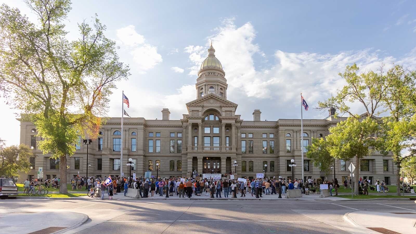 An estimated 300-400 people gathered at the Wyoming Capitol in Cheyenne on Thursday, June 26, 2025, to rally in opposition of U.S. Sen. Mike Lee's proposal to sell off parcels of federal public land.