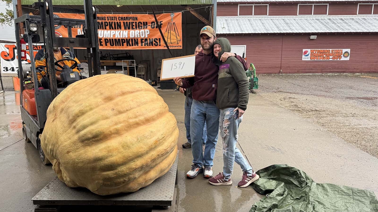 Joe Nigro with his 1,591-pound pumpkin at the 2025 Wyoming Weigh-Off and Pumpkin Drop in Worland. Nigro's pumpkin, grown near Billings, set the new Montana state record for pumpkins.