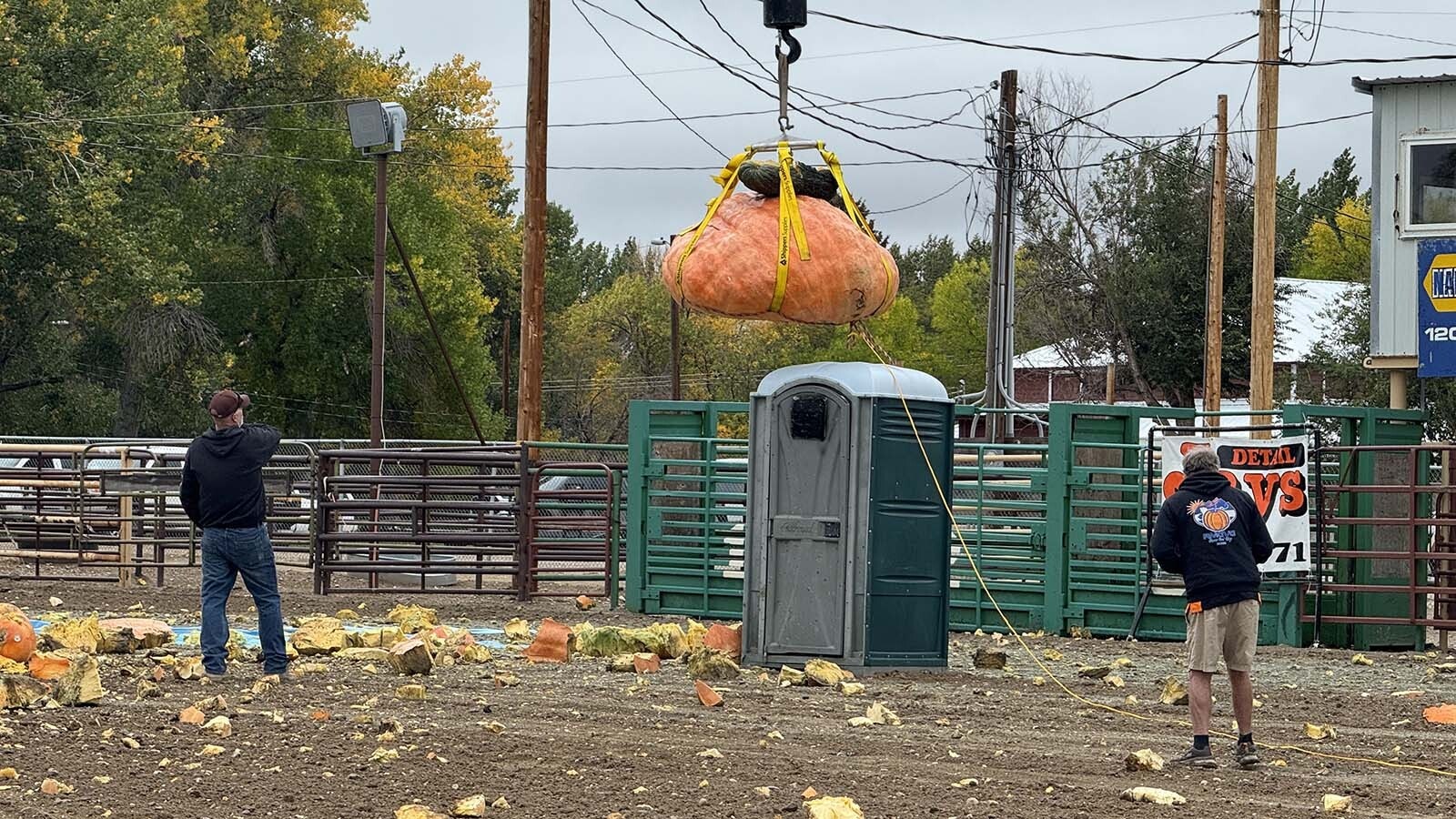 Chad Kurtenbach’s 1,788-pound pumpkin, topped with an 88-pound marrow, is lifted into the air at the 2025 Wyoming Weigh-Off and Pumpkin Drop in Worland. The pumpkin dropped from 200 feet as the climactic end to this year's event.