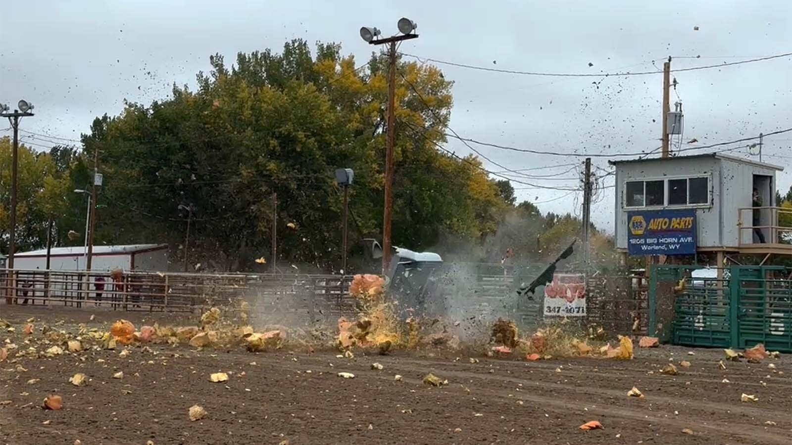 At 1,788 pounds, Lovell grower Chad Kurtenbach’s became the largest pumpkin ever dropped in Wyoming at Saturday’s annual State Championship Weigh-Off and Pumpkin Drop. It was dropped from 200 feet and smashed the crap out of a porta-potty.
