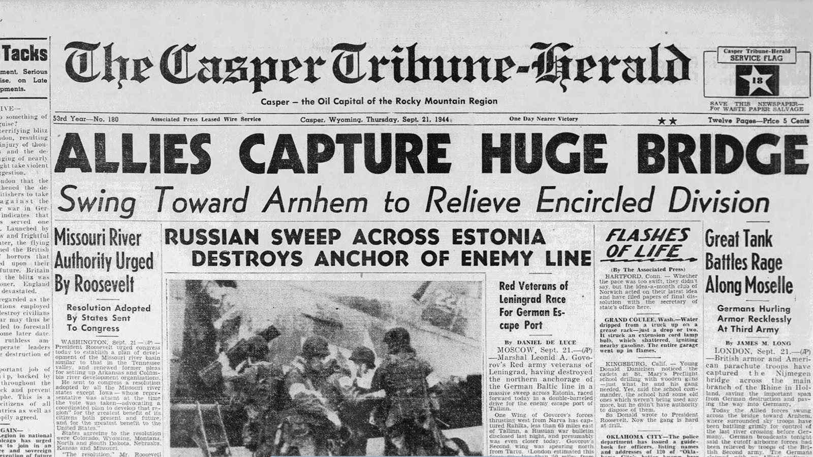 The Casper Tribune-Herald trumpets the capture of a bridge during Operation Market Garden on Sept. 21, 1944, the day Harold Shelden was killed.