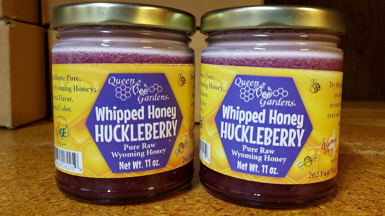 Jars of whipped huckleberry honey.