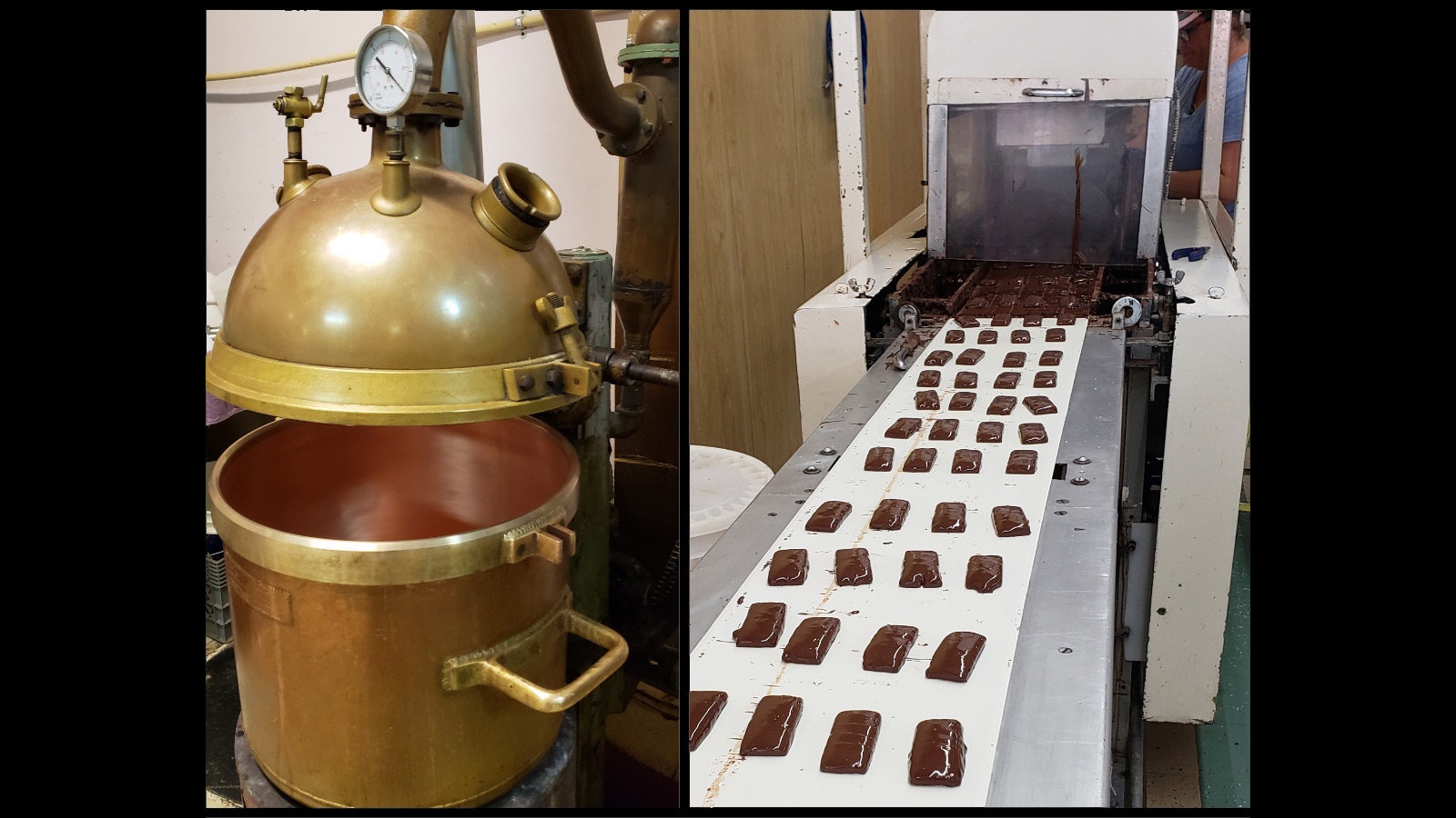 Copper cookers hep distribute heat more evenly in making Queen Bee's honey candies. Some are enrobed in chocolate.