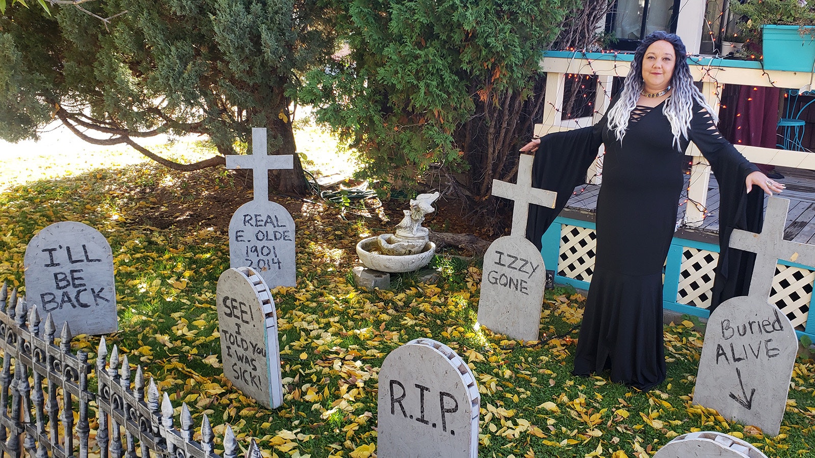 A yard full of cemetery stones with funny sayings on them is part of the usual Halloween decor for Desiree Ross, who's proud to be Worland's "Queen of Halloween."