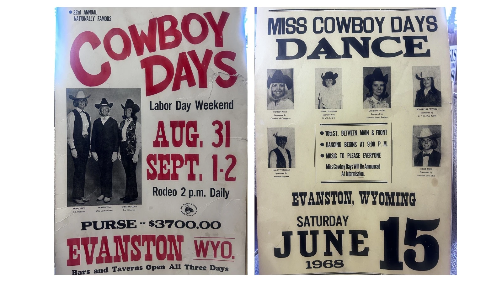 Noreen Wall, left, is pictured as Miss Cowboy Days with attendants Roxey Shell and Christine Cook on a vintage Evanston Cowboy Days poster. Wall was crowned queen in 1968. Right, Wall appears among the contestants for Miss Cowboy Days on a poster advertising the June 15, 1968, queen dance in Evanston.