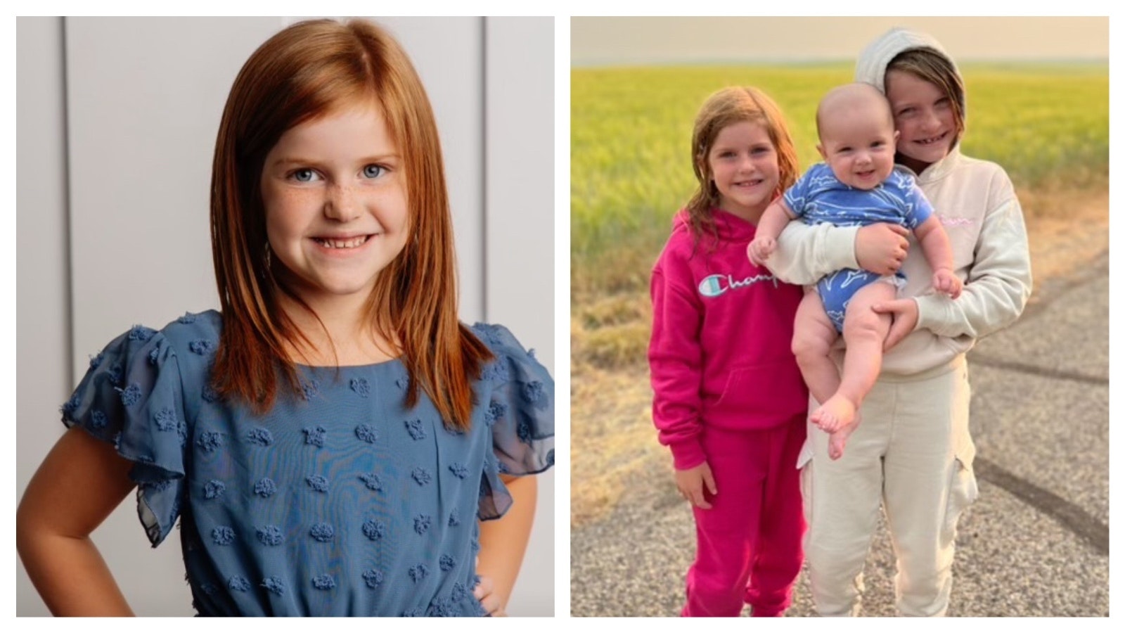 Olivia, 7, left. At right is Olivia, her older sister Brailey and their baby brother.