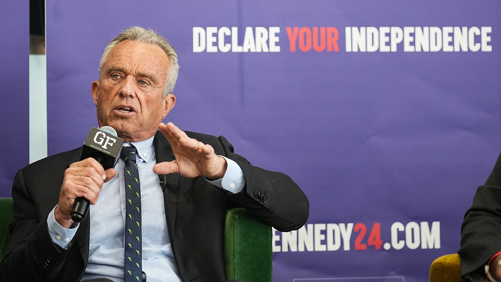 Robert F. Kennedy Jr. hosts a fireside chat with rapper and producer Eric B. at The Gentleman's Factory on Feb. 18, 2024, in New York City.
